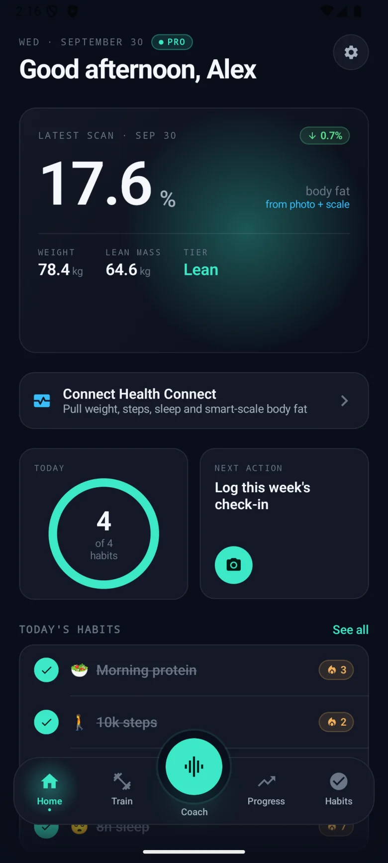 TransformAI Android development build: Home screen with the latest body-fat estimate from photo plus scale